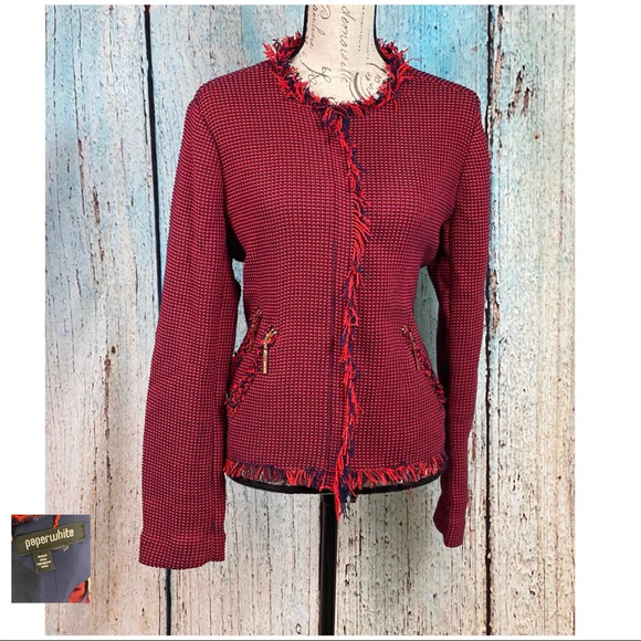 PAPERWHITE EUC Red Navy Textured Fringed Blazer - Picture 2 of 14